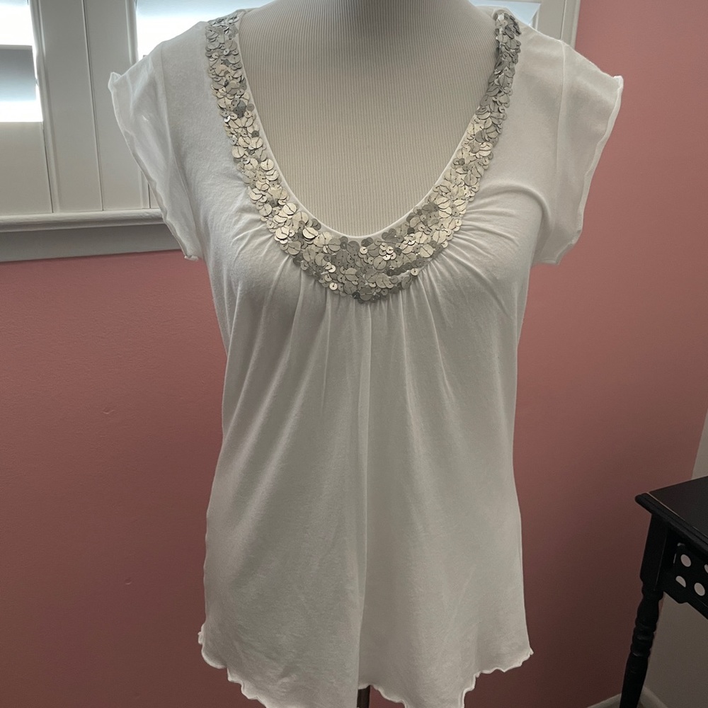 Express size L white shirt with silver discs around neckline